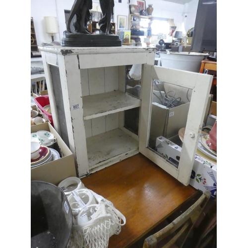 807 - An antique pine meat safe with glass panel door.  Approx 51x64x34cm.