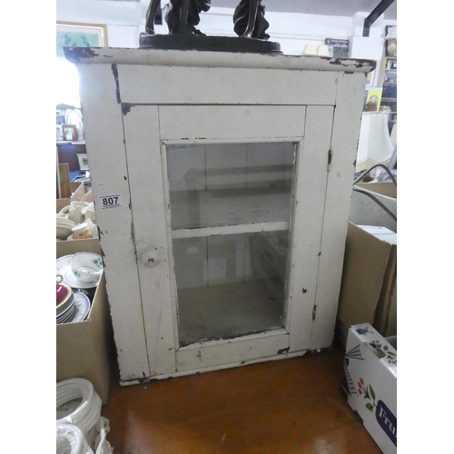 807 - An antique pine meat safe with glass panel door.  Approx 51x64x34cm.