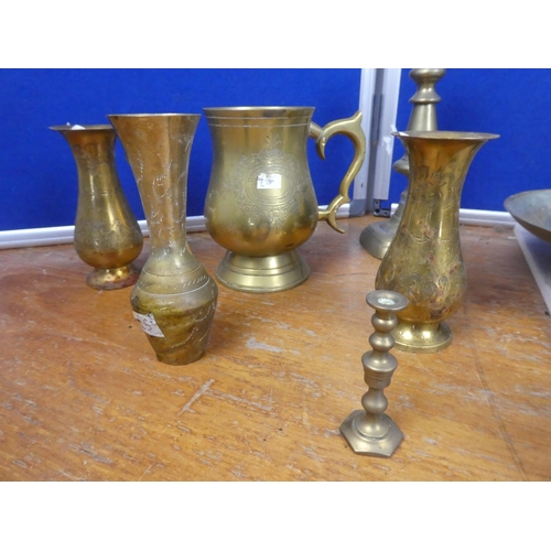 823 - A job lot of various brass candlesticks, trays and more.