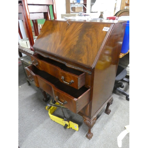 832 - A stunning mahogany writing bureau with ball and claw feet.  Approx 77x102x44cm.