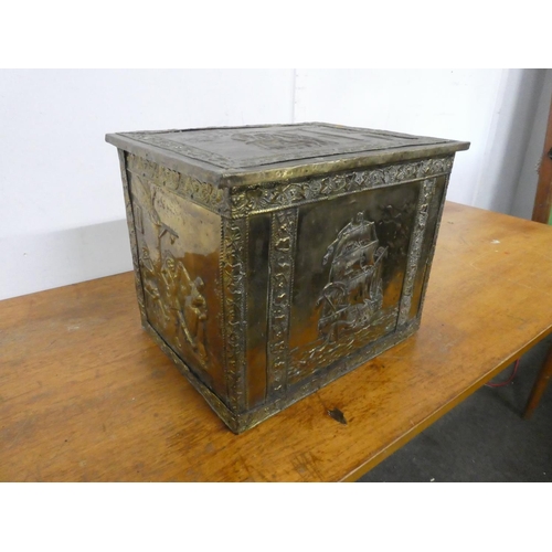 842 - A vintage brass coal box with ship detail.  Approx 48x37x36cm.