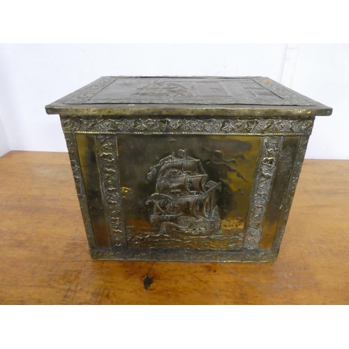 842 - A vintage brass coal box with ship detail.  Approx 48x37x36cm.