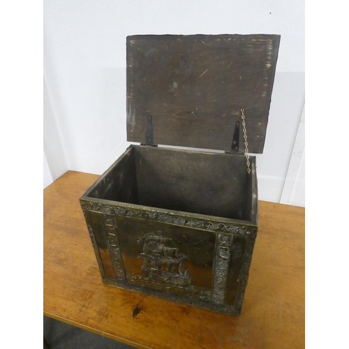 842 - A vintage brass coal box with ship detail.  Approx 48x37x36cm.