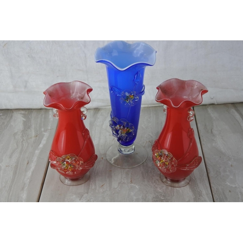 848 - Three vintage glass vases with flower encrusted detail.