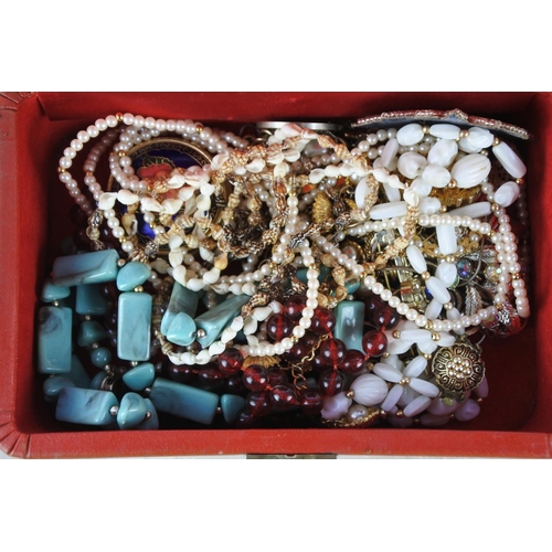 893 - A vintage jewellery box and a lot of various necklaces, brooches, pill box and more.