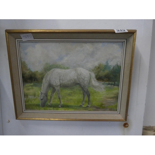 949 - A vintage framed oil on board of a horse signed SB.  Approx 32x42cm.