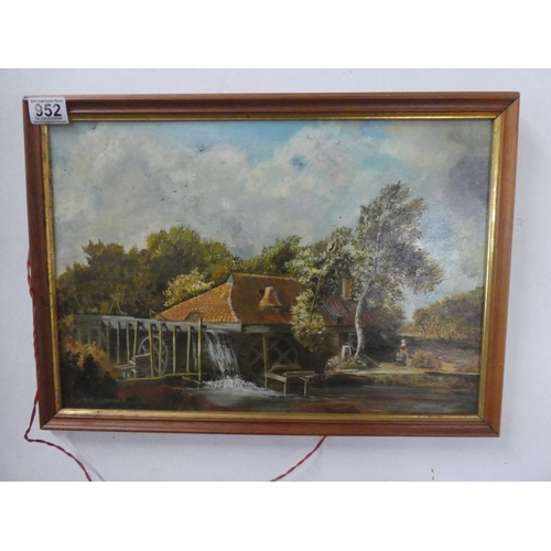 952 - A framed oil on board 'The Watermill' signed.  Approx 50x46cm.