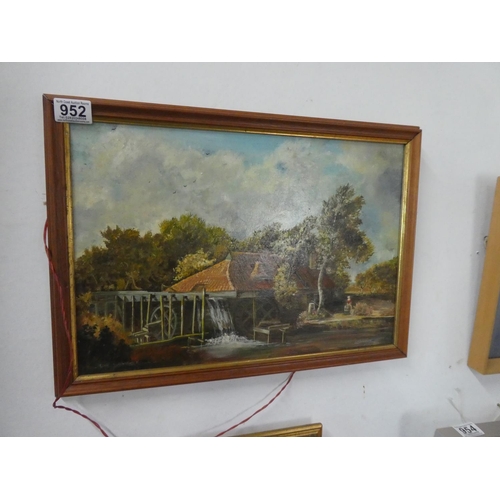 952 - A framed oil on board 'The Watermill' signed.  Approx 50x46cm.