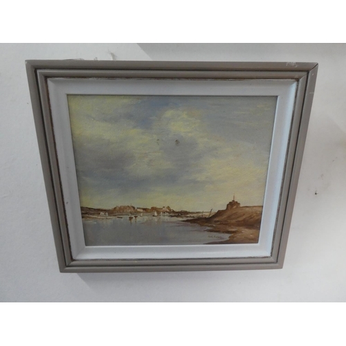 954 - A framed oil on board 'Aldeburg' signed Noel Finlay after Edward Seago.  Approx 39x33cm.