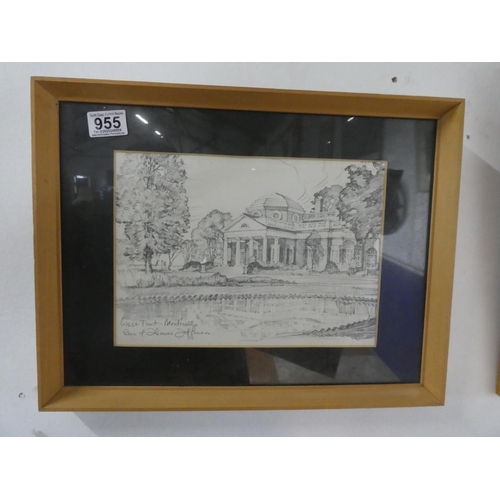 955 - A framed pencil sketch West Front Monticello Hotel home of Thomas Jefferson signed.  Approx 43x33cm.