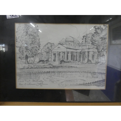 955 - A framed pencil sketch West Front Monticello Hotel home of Thomas Jefferson signed.  Approx 43x33cm.