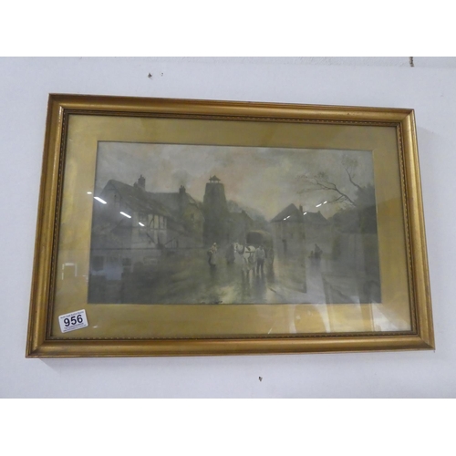 956 - An antique style print of village scene.  Approx 60x40cm.