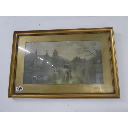 956 - An antique style print of village scene.  Approx 60x40cm.