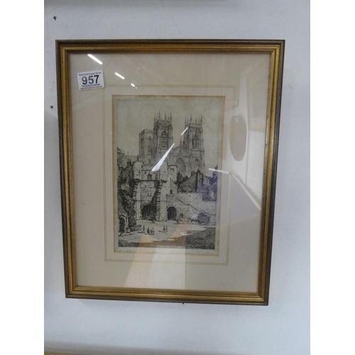 957 - A framed ink drawing 'York Minister & Bootham Bar' signed Ernest L Hampshire  Approx 42x39cm.