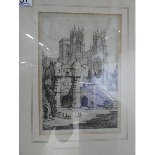 957 - A framed ink drawing 'York Minister & Bootham Bar' signed Ernest L Hampshire  Approx 42x39cm.