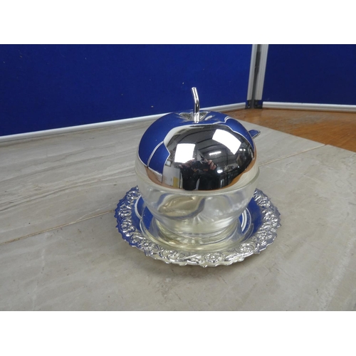 972 - A vintage glass and silver plate preserve pot with spoon and tray.