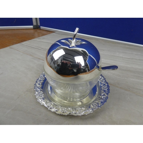 972 - A vintage glass and silver plate preserve pot with spoon and tray.