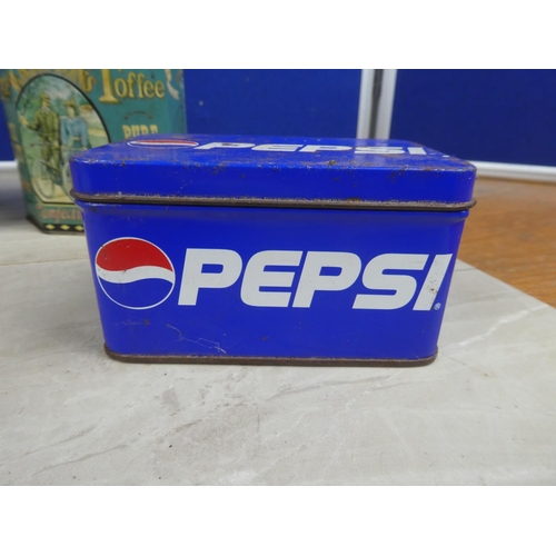 983 - A lot of vintage tins to include Hamptons Toffees, Pepsi, Bridgeport Puncture Repair and another.