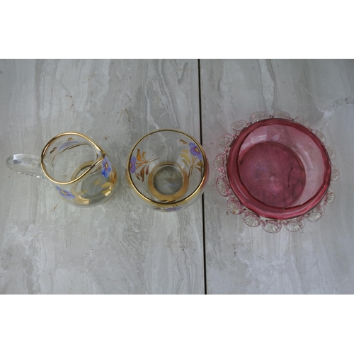 1011 - An antique ruby glass dish with scalloped edges (a/f) and a vintage glass jug and bowl with hand pai... 