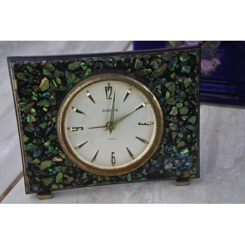 1026 - A stunning vintage Europa mantle clock with koha paua shell and four other clocks.