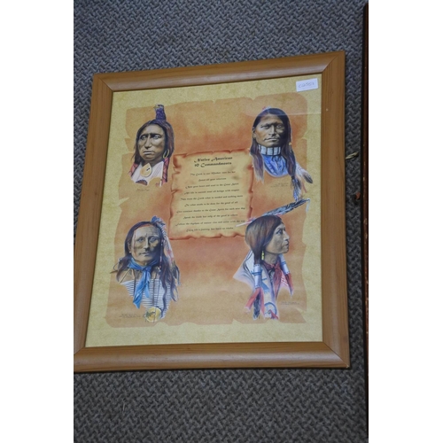 1047 - A framed Native American 10 Commandments and two other pictures. Largest approx 76x59cm.