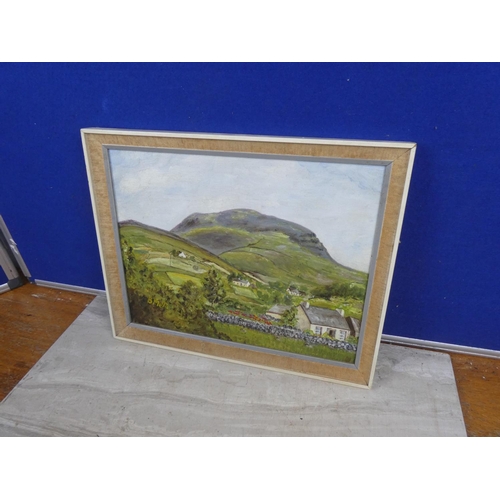 602 - A vintage framed oil painting on board 'Slemish' signed Barbara Mills dated 1972.  Approx 89x32cm.