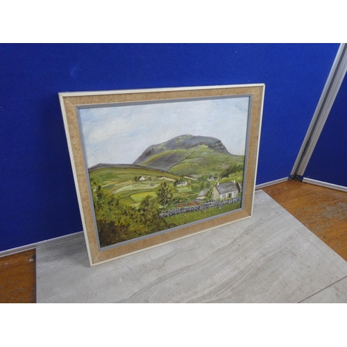 602 - A vintage framed oil painting on board 'Slemish' signed Barbara Mills dated 1972.  Approx 89x32cm.