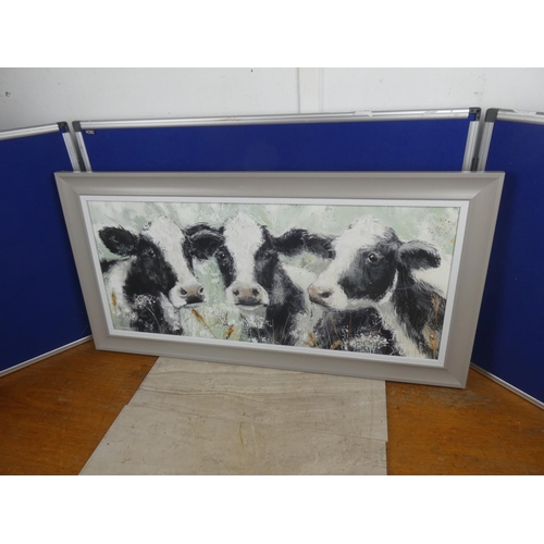 612 - A framed picture of cows, signed Olivia Allen. Approx 97x50cm.