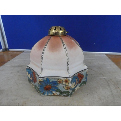 664 - A vintage glass lamp shade decorated with flowers and brass fittings.