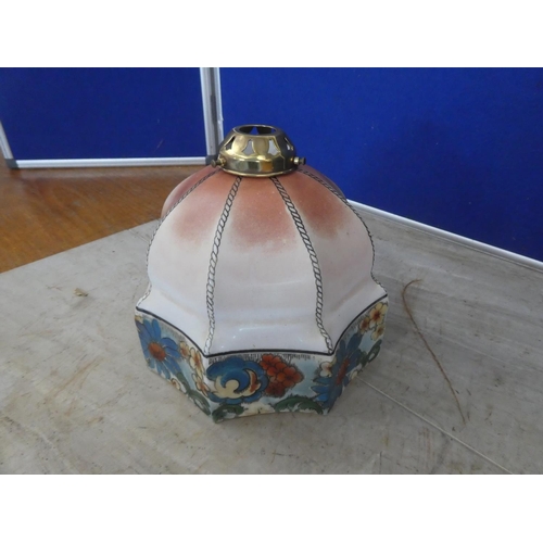 664 - A vintage glass lamp shade decorated with flowers and brass fittings.