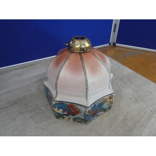 664 - A vintage glass lamp shade decorated with flowers and brass fittings.