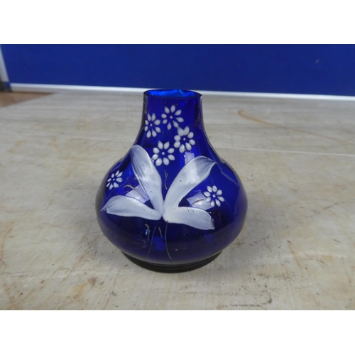 675 - A small antique bristol blue hand painted vase.