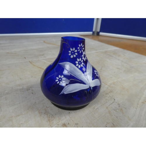 675 - A small antique bristol blue hand painted vase.