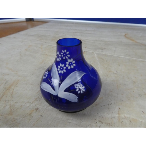 675 - A small antique bristol blue hand painted vase.