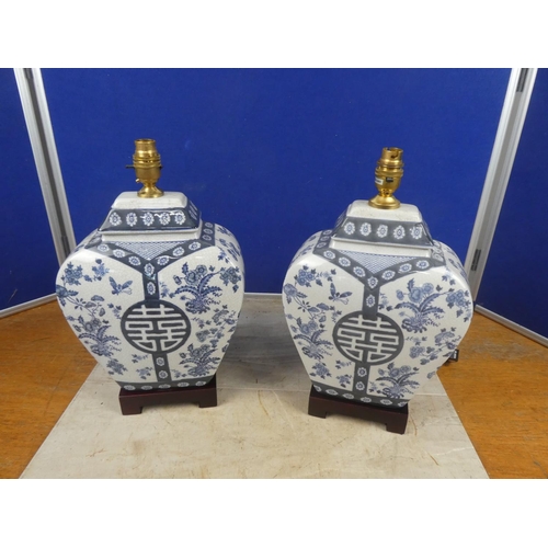 680 - A stunning pair of blue and white Chinese themed ceramic table lamp bases.  Approx 40cm.