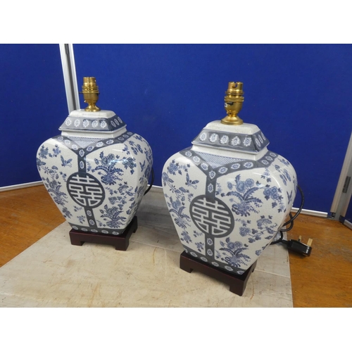 680 - A stunning pair of blue and white Chinese themed ceramic table lamp bases.  Approx 40cm.