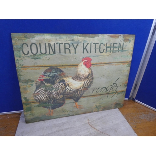 695 - 'Country Kitchens - Rooster' wooden panel.  Approx 59x45cm.