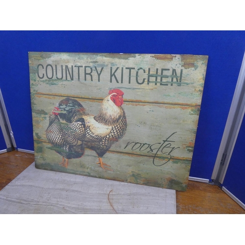 695 - 'Country Kitchens - Rooster' wooden panel.  Approx 59x45cm.