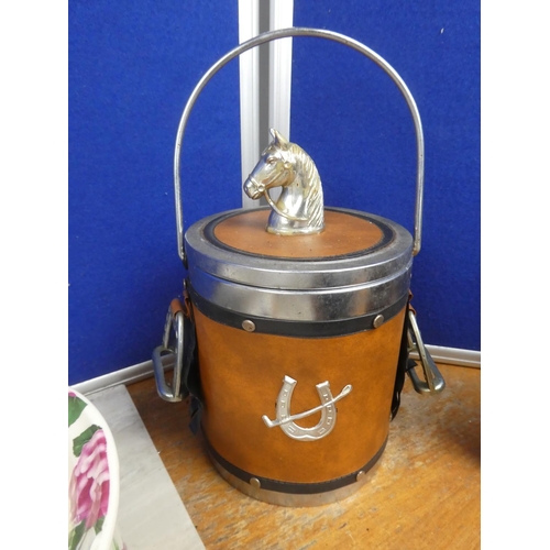 1137 - A vintage equestrian ice bucket, a blue glazed flower pot, a floral pattern chamber pot and more.