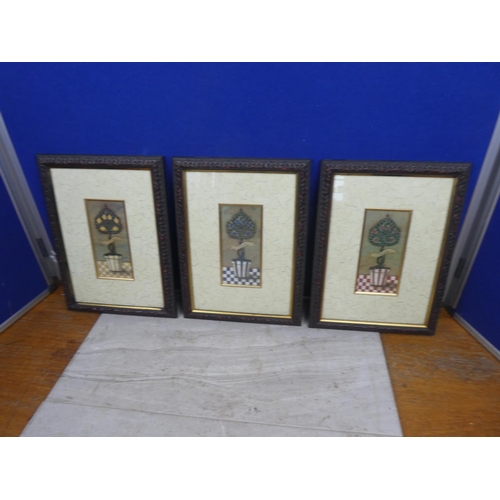 141 - Three framed fruit topiary pictures.  Approx 25x34cm.