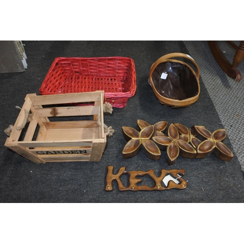 324 - A wooden key holder, rattan baskets and more.