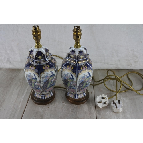 358 - A pair of ceramic and wood table lamp bases. Approx 34cm.