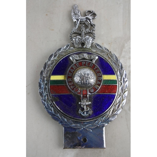 43 - A vintage silver plate and enamel marine car badge/ plaque 'Per Mare Per Terram'.