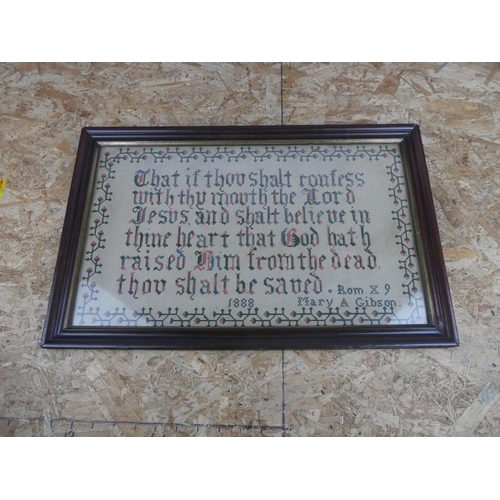 629 - An early framed sampler signed Mary A Gibson 1888.  Approx 52x33cm.