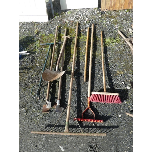 734 - A lot of garden tools, a large rake and shovel etc.