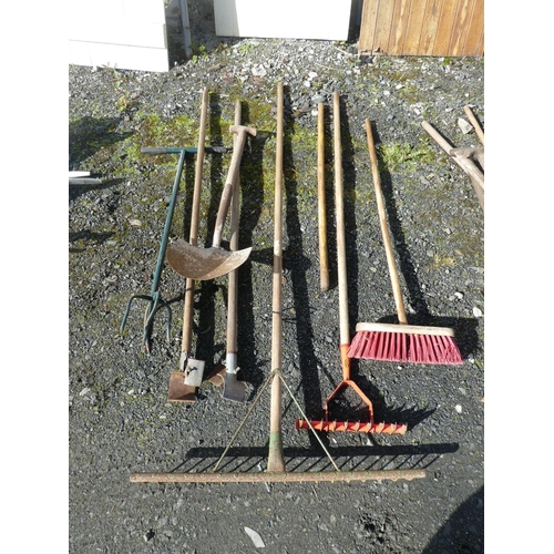 734 - A lot of garden tools, a large rake and shovel etc.