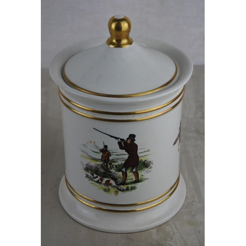 66 - A vintage Old Foley tobacco jar with hunting scenes and a vintage Castrol oil can with lid. Approx 1... 