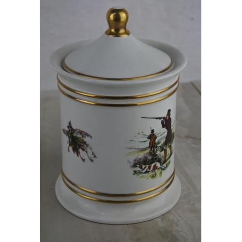 66 - A vintage Old Foley tobacco jar with hunting scenes and a vintage Castrol oil can with lid. Approx 1... 