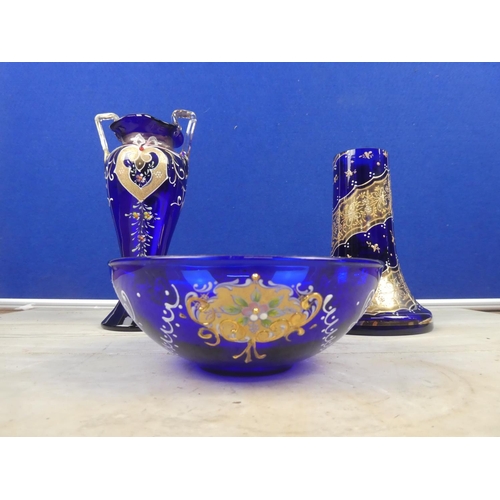 80 - Three pieces of Victorian bristol blue glass with gilt and floral detail.