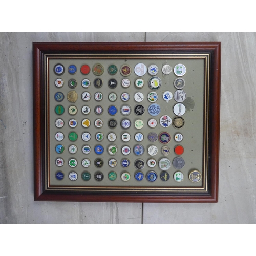 207 - A large collection of framed vintage golf markers to include Irish Open, City of Derry and lots more... 